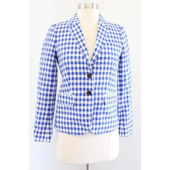 J Crew Factory Blue White Gingham Plaid Linen Blend Schoolboy Blazer Jacket 0P - Picture 2 of 7